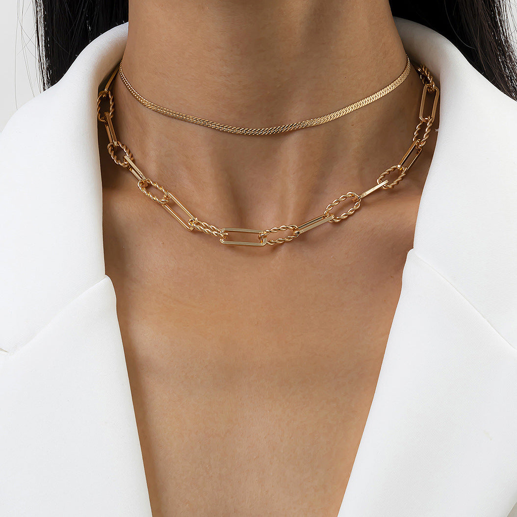 Punk Hip-hop Geometric Oval Plated Alloy Double Layer Snake Chain Necklace for Women