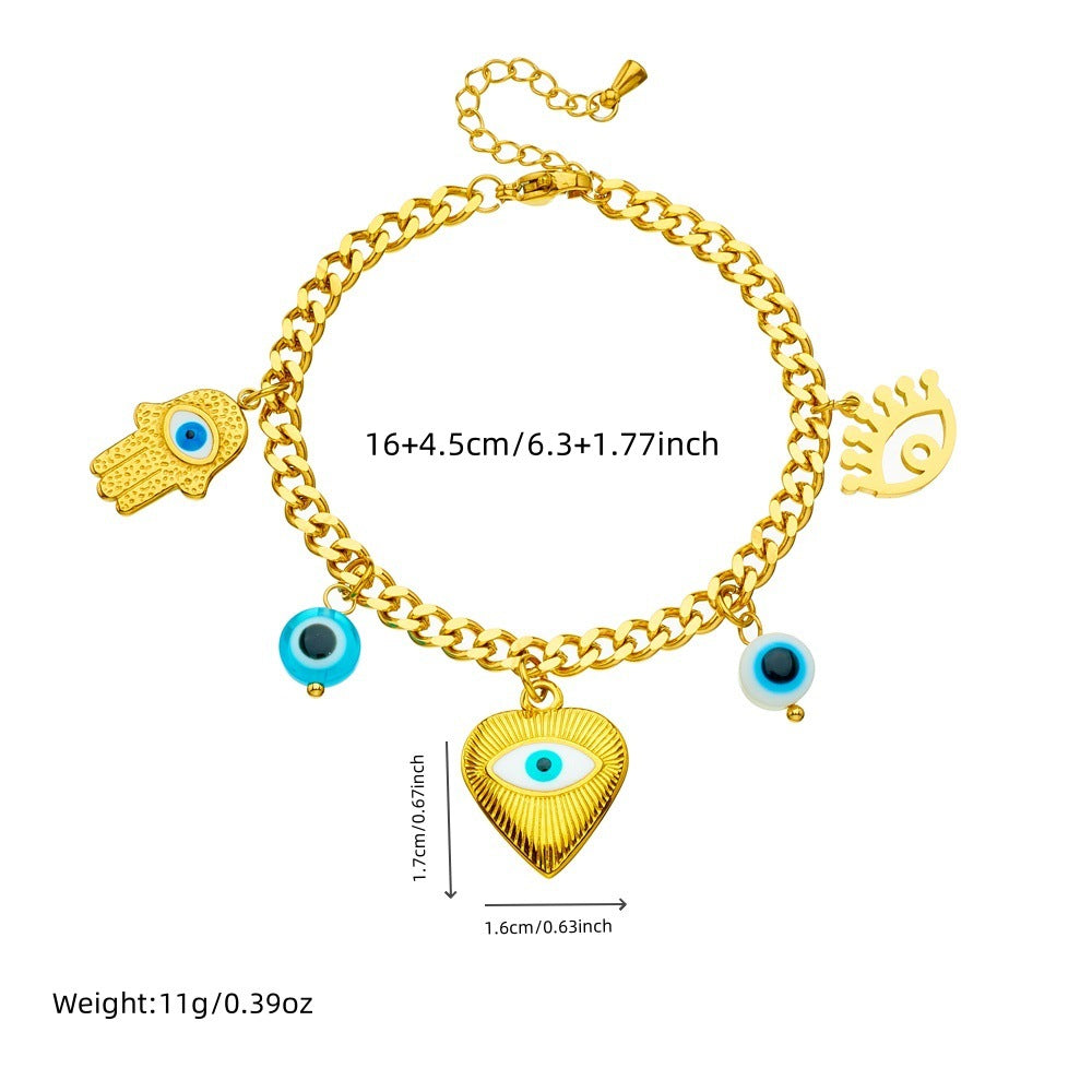 Cartoon Drip Oil Heart Evil Eye Pendant Stainless Steel Bracelet for Women