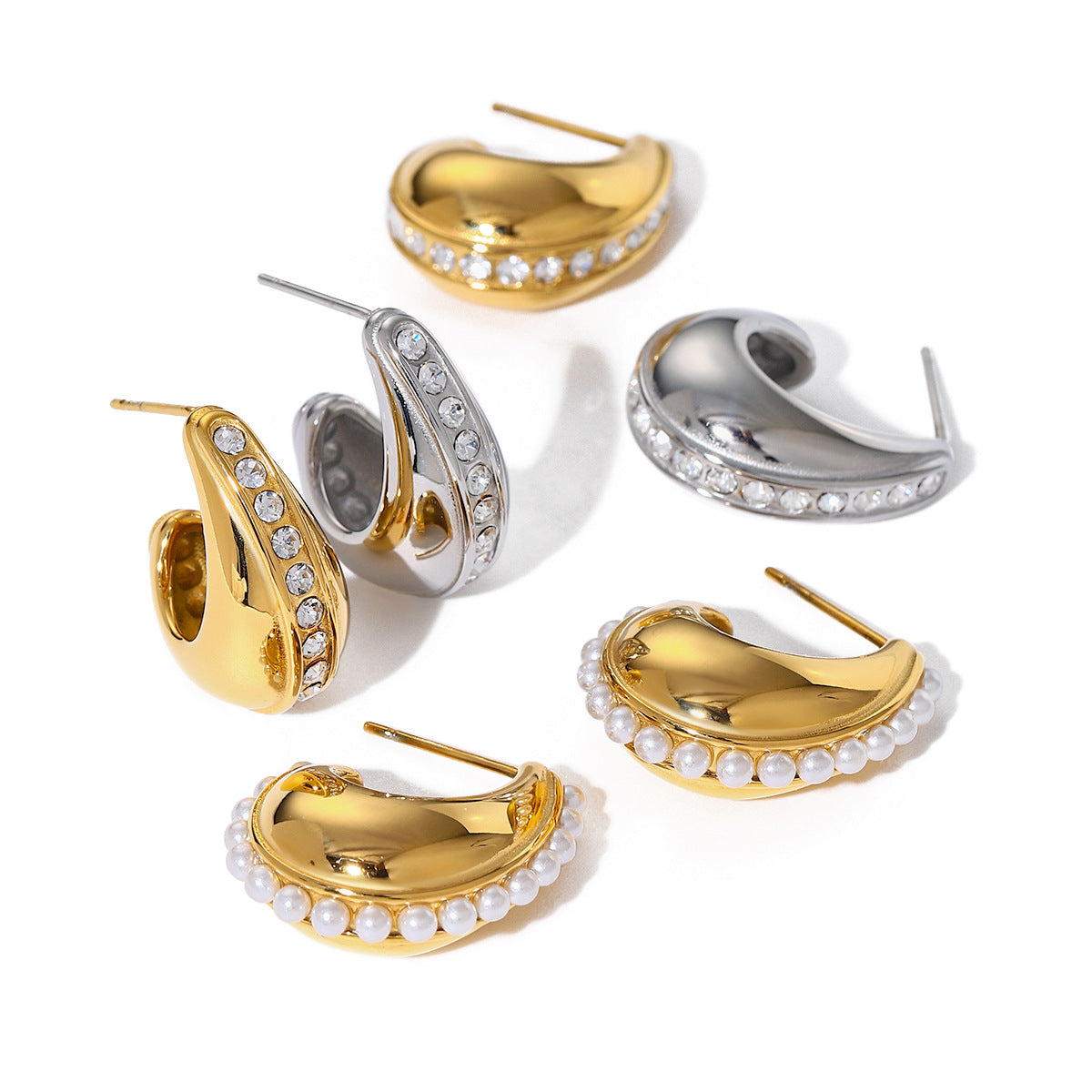 Minimalist Geometric C-Shaped Hollow-Out Rhinestone-Embellished 18K Gold Plated Stainless Steel Earrings for Women