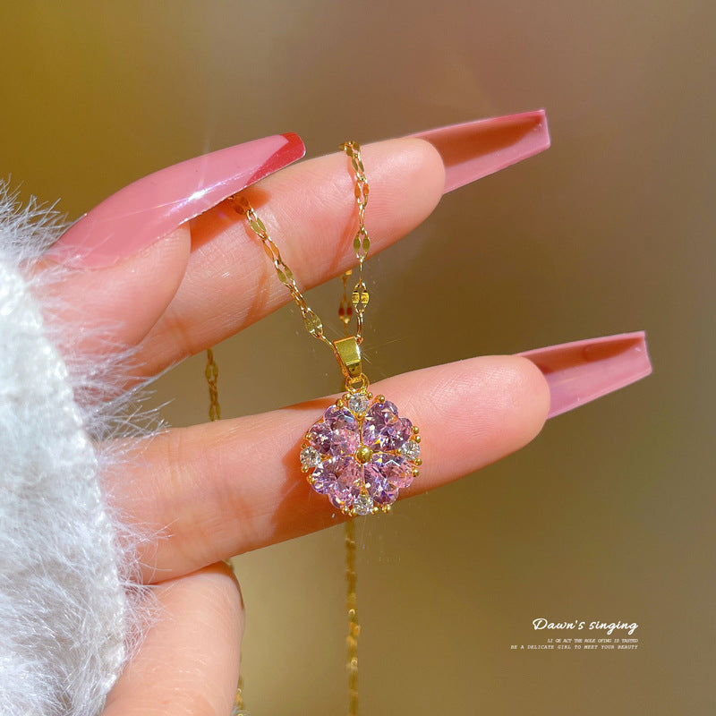 Elegant Titanium Steel Micro-Paved Rhinestone Necklace for Women Geometric Style Clavicle Chain with Star and Chain Motifs