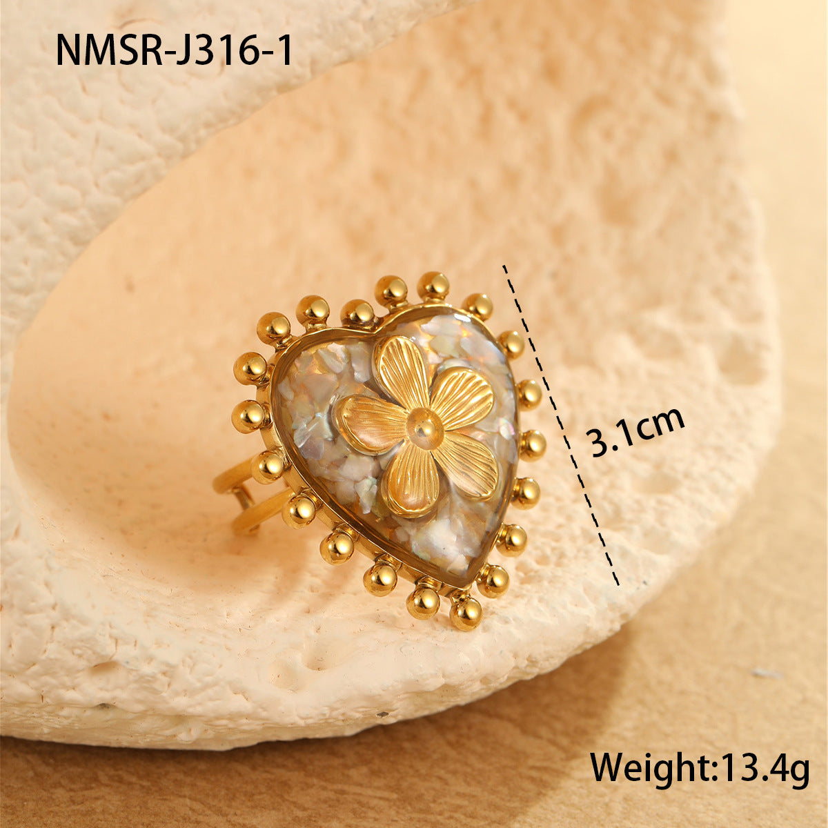 Anillo de corazón y flor de acero de titanio chapado en oro de 18 quilates, estilo francés de lujo para mujer