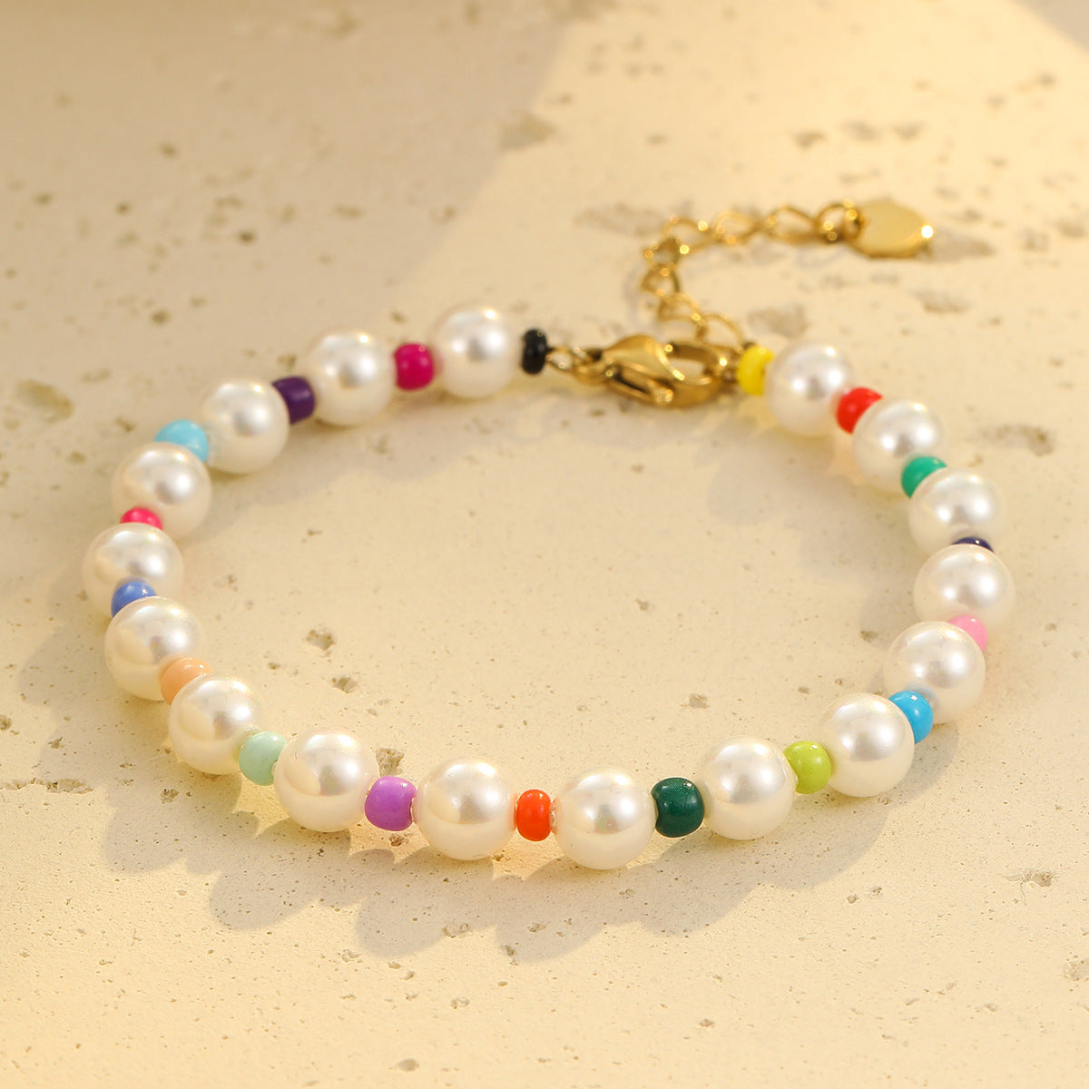 Bohemian Style Geometric Stainless Steel Plated Bracelet with Colorful Beads and Pearl Accents for Women