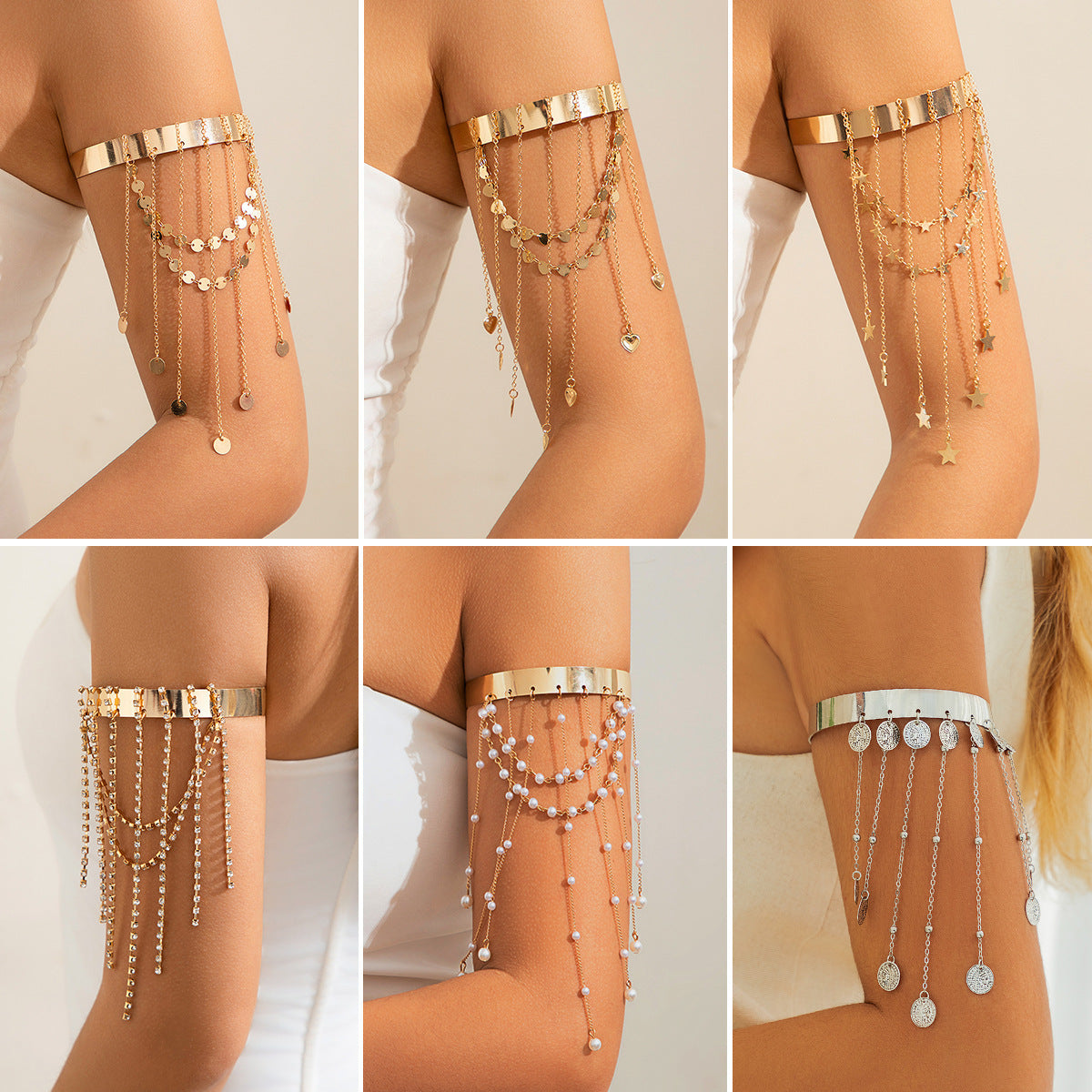 Bracciale da braccio stile bohémien con ciondoli a cuore e stella, nappe e dettagli a catena, da donna