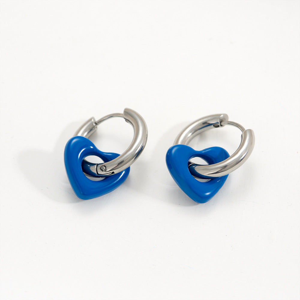 Orecchini a Cuore Minimalisti in Acciaio Inossidabile Stile Francese, con Smalto Dipinto a Mano e Placcatura in Oro 18K da Donna