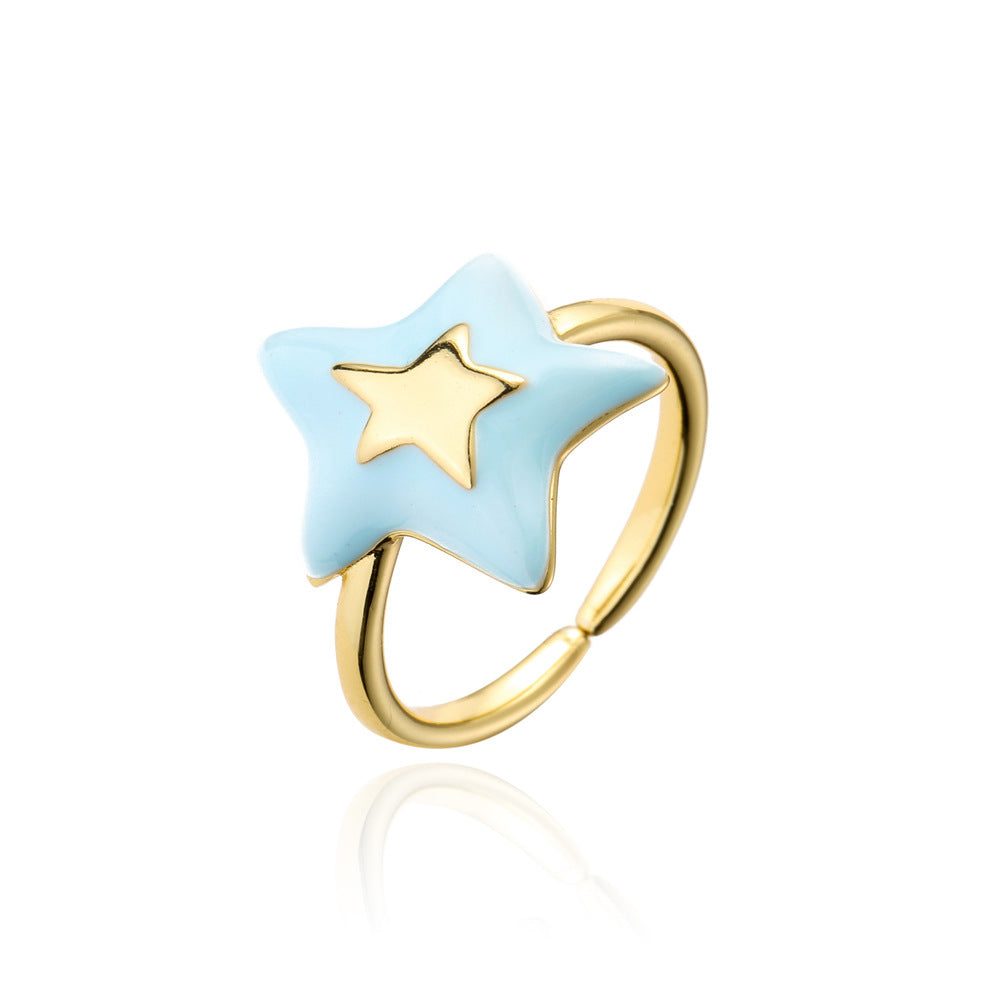 Minimalist Irregular Five-Pointed Star Open Ring for Women in Copper with 18K Gold Plating and Enamel Finish