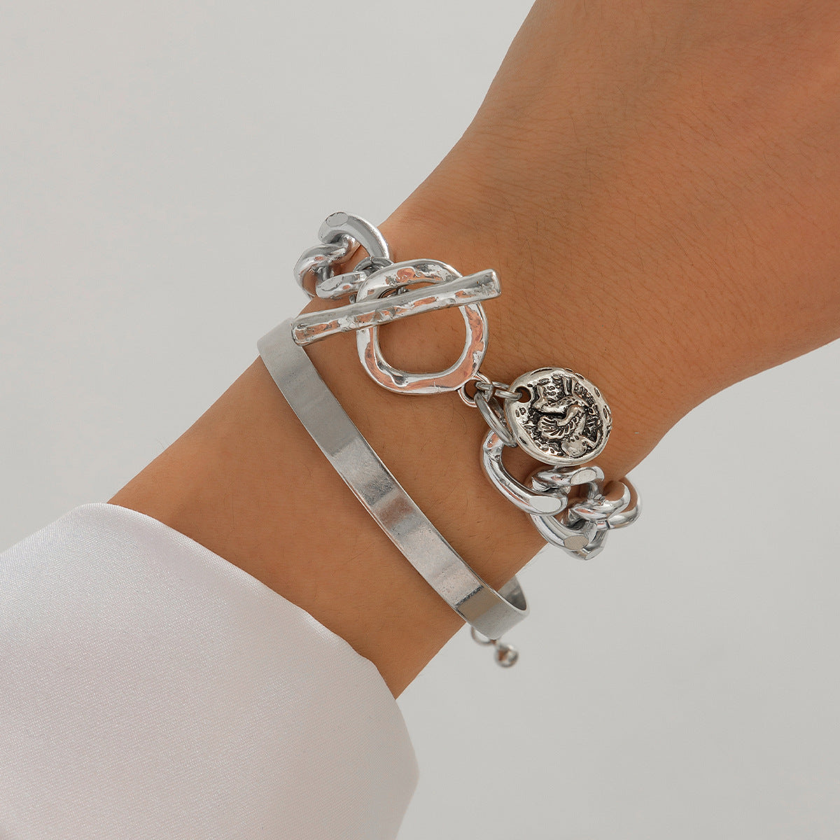 Vintage Geometric Double Hoop Hollow Spring Opening Bracelet with Pendant for Women