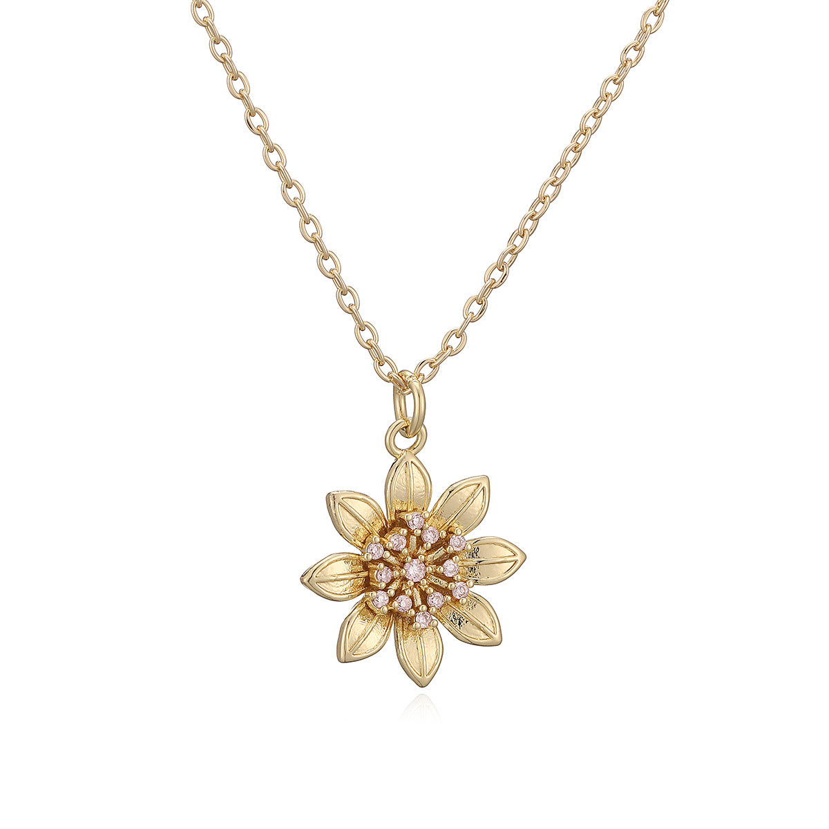 Minimalist 18K Gold Plated Brass Geometric Cubic Zirconia Sunflower Pendant Necklace for Women
