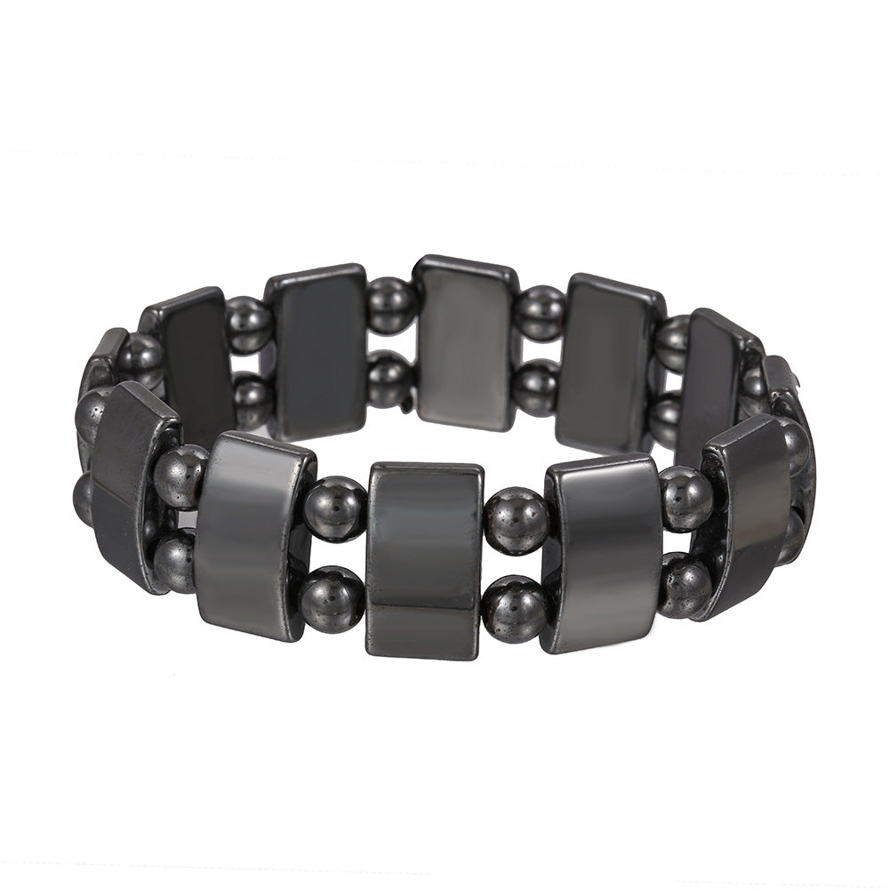 Vintage Handmade Geometric Round Hematite Bracelet with Turquoise Inlay for Unisex