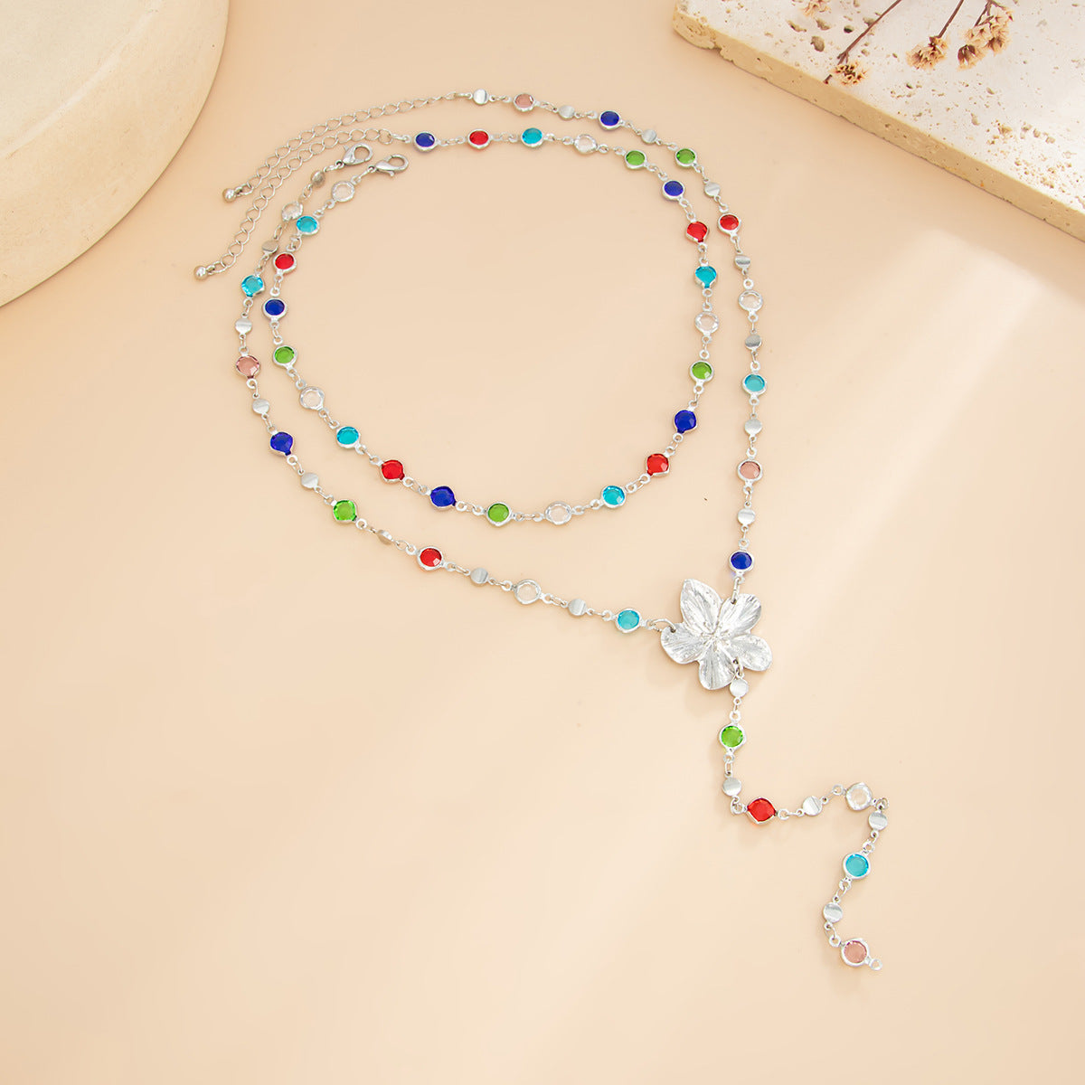 Sweet Floral Crystal Zinc Alloy Plated Y-Shape Necklace for Women