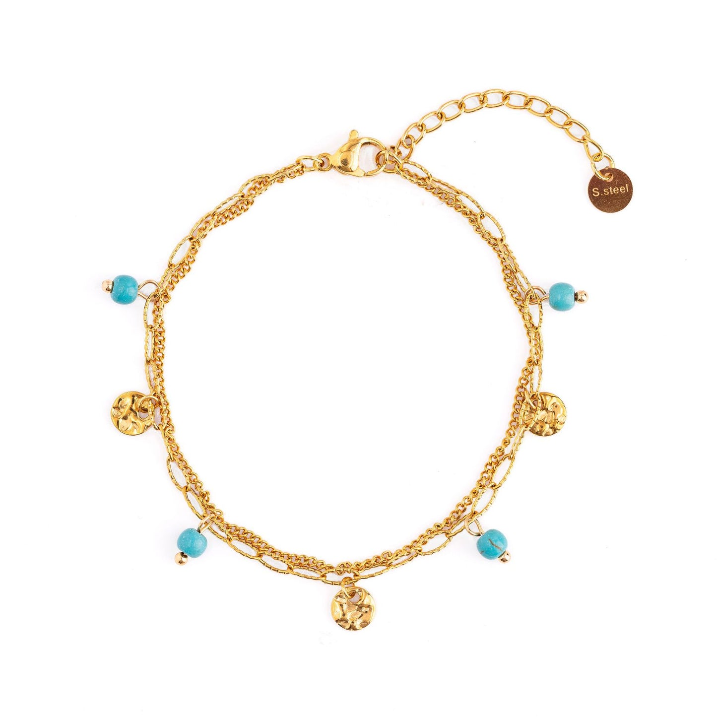 Bracciale da donna a doppio strato turchese con ciondolo a disco ondulato in acciaio inossidabile, minimalista e alla moda
