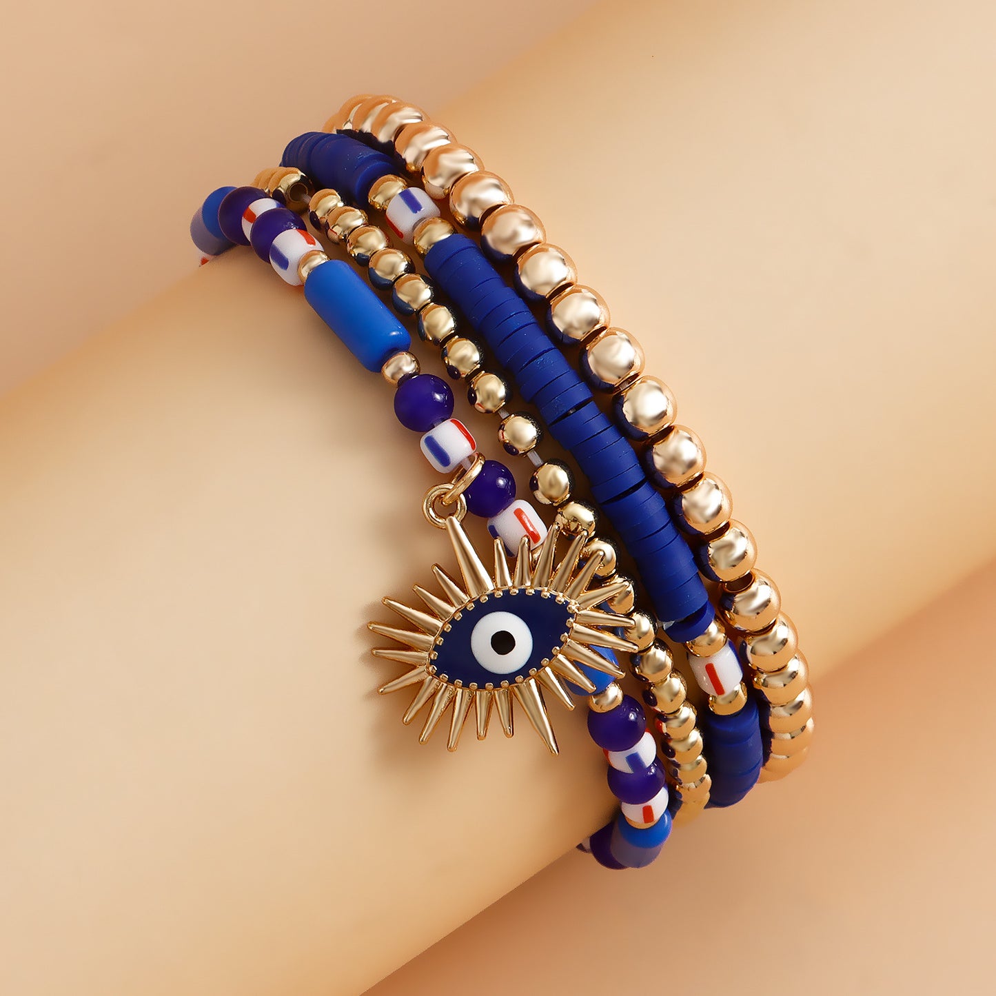 Minimalist Geometric Evil Eye Alloy Bracelet for Women with Plated Finish and Multicolor Polymer Clay Beads