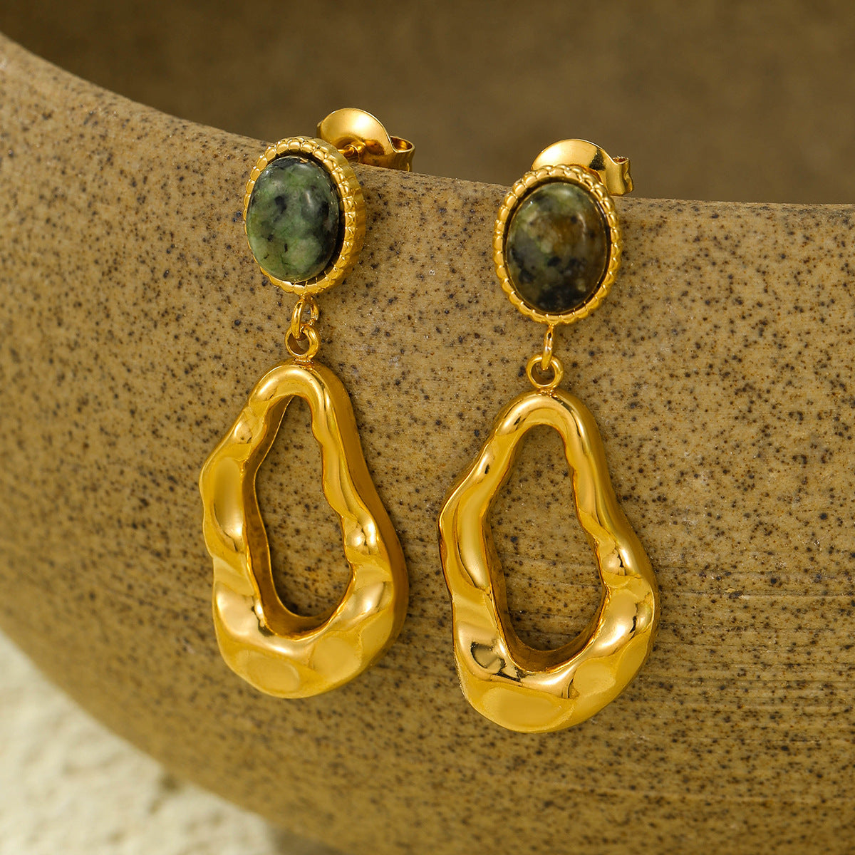 Aretes de Acero Inoxidable Estilo Vintage Geométricos con Ojo de Gato y Piedras Naturales Turquesa