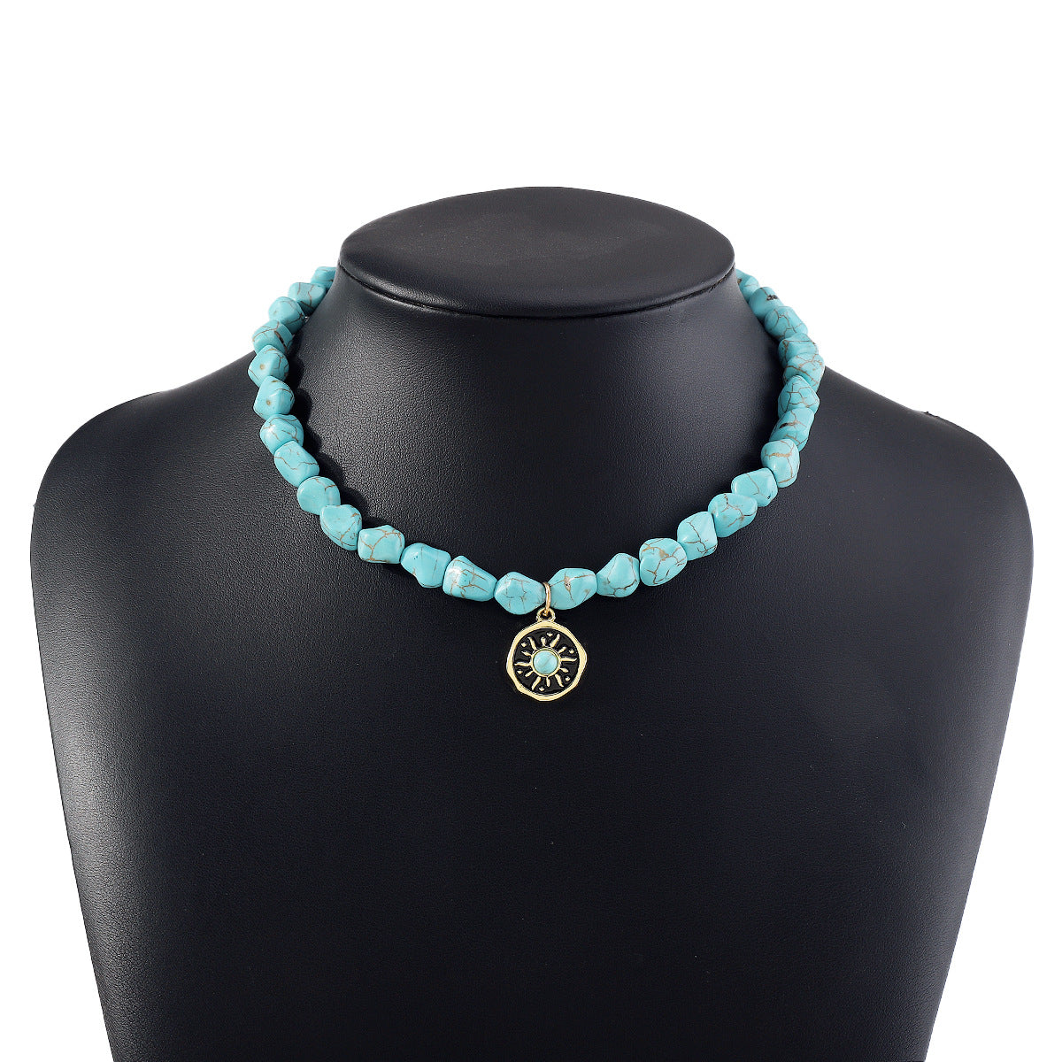 Collana con ciondolo in stile bohémien con occhio di Allah turchese e lega con forme geometriche e a cuore per donna