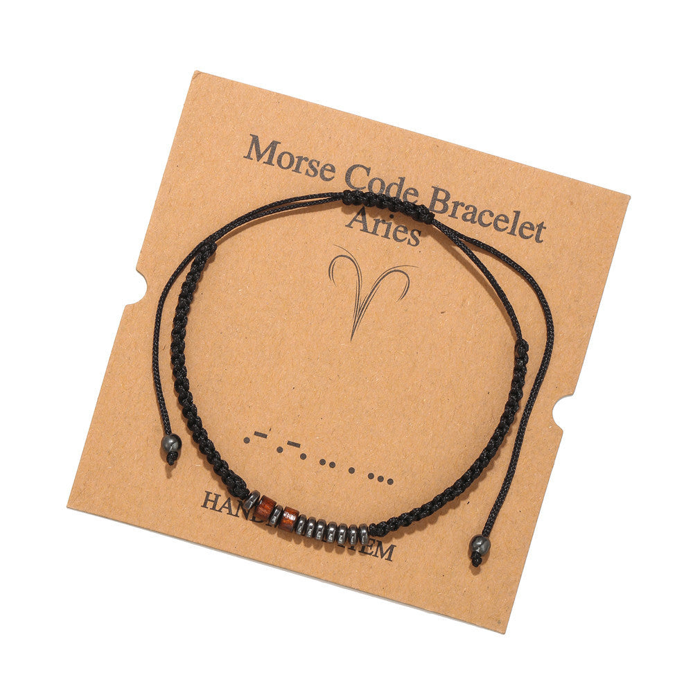Morse Code Zodiac Wood Beaded Bracelet Round Geometric Unisex