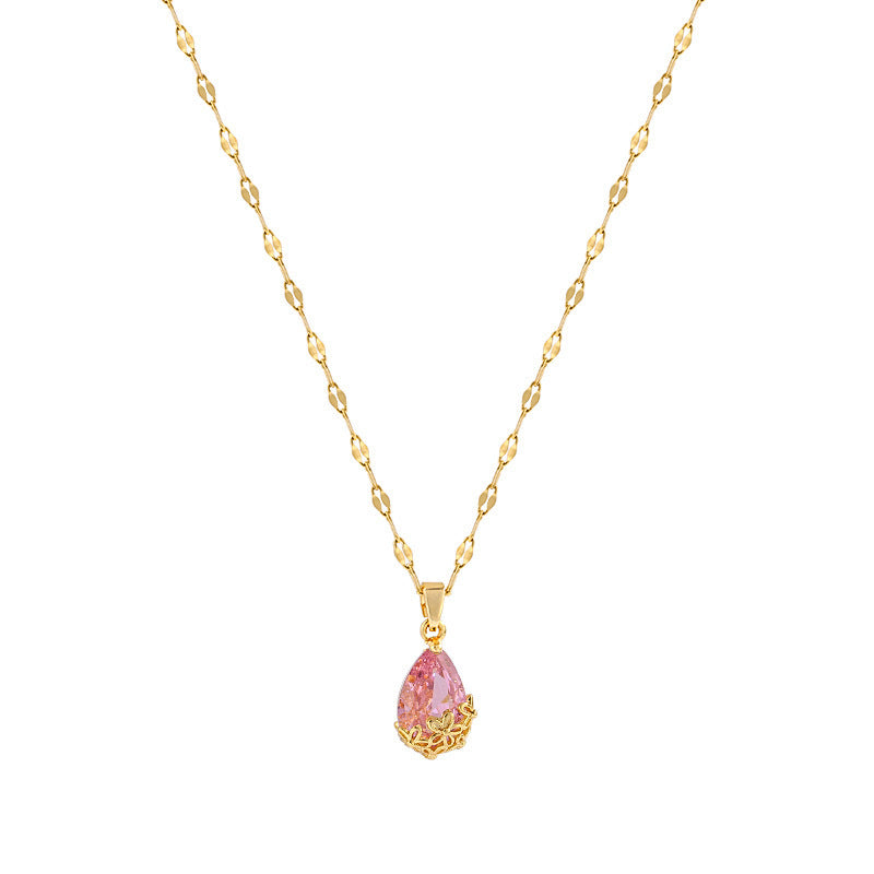 Collana pendente a goccia con zircone di design originale da donna in acciaio al titanio con finitura placcata, collana a medaglione stile catena a O