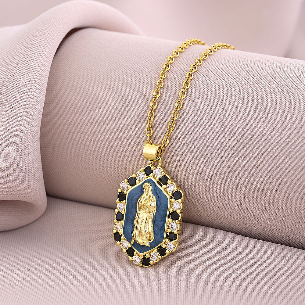 Collana con Pendente Vintage in Smalto e Zirconia dalla Forma Geometrica con Catena a Maglie per Unisex