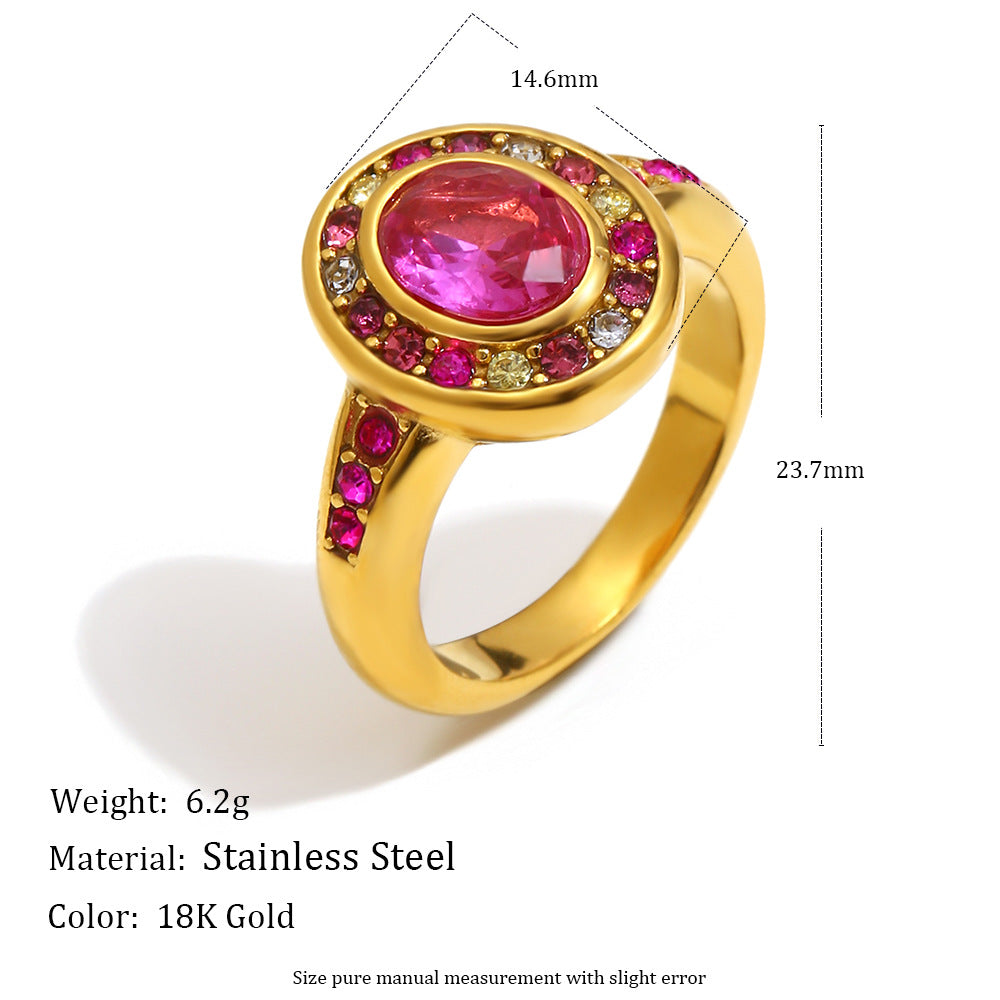 Minimalist Geometric Stainless Steel Ring with 18K Gold Plating and Colorful Zircon Inlay for Women