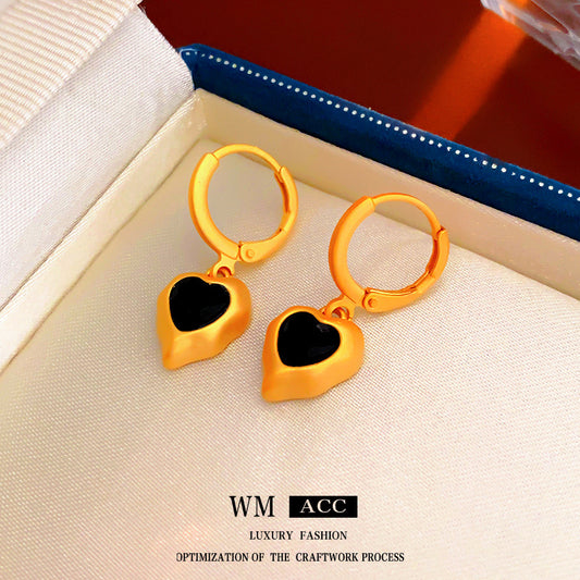 Vintage Black Heart Stud Earrings in Alloy with Rhinestone Inlay and Gold Plating for Women