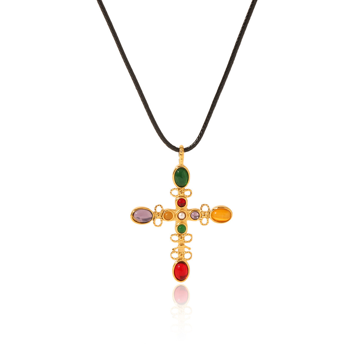 Collana con ciondolo a croce stile vintage in acciaio inossidabile con intarsio in pietra naturale da donna