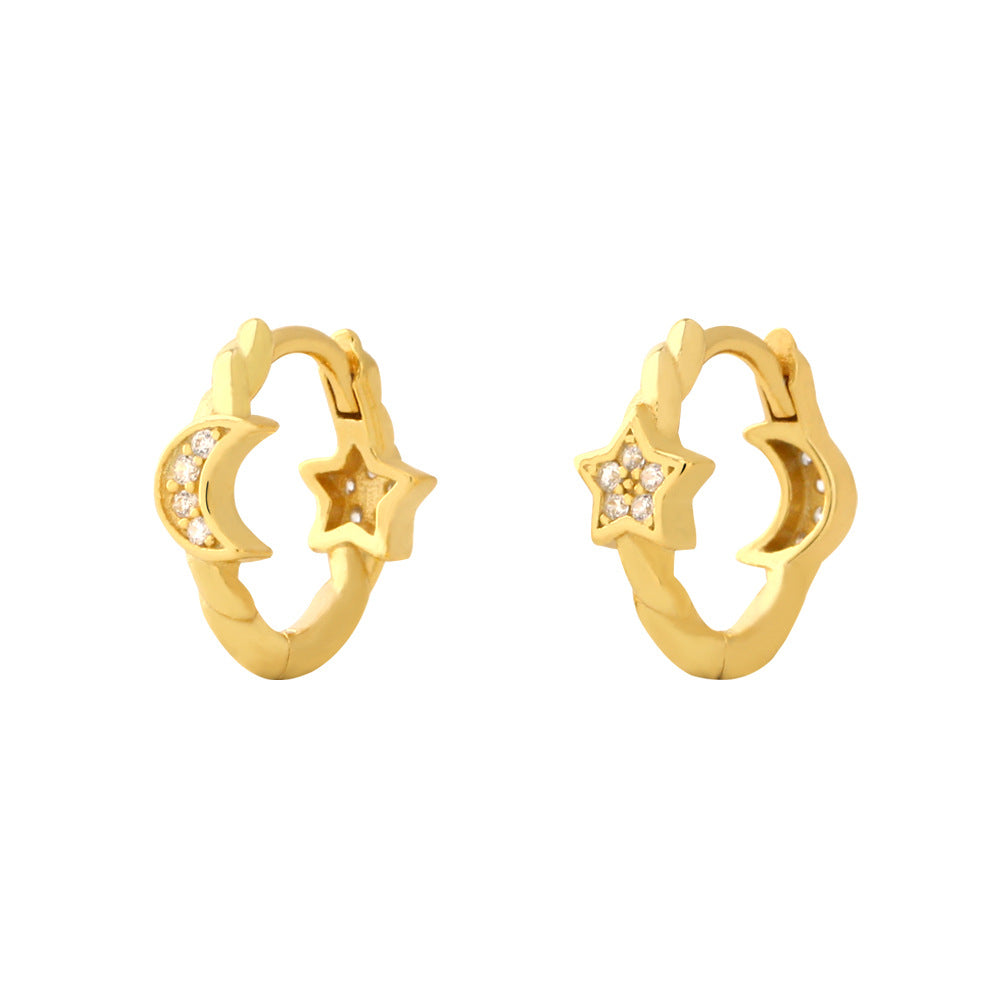 Dulces Pendientes de Aro Geométricos de Plata de Ley 925 con Diseño de Estrella y Luna y Diamantes para Mujer