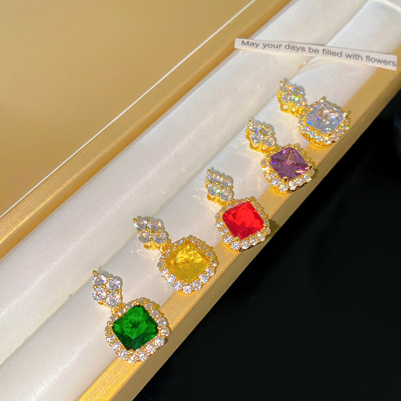 Sweet Colorful Cubic Zirconia Geometric Square Pendant Titanium Steel Necklace Cable Chain