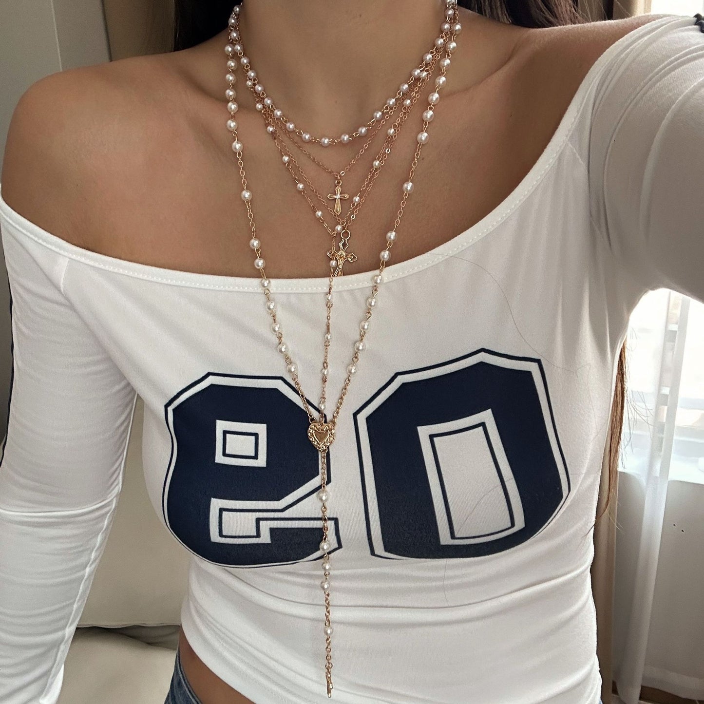 Elegant Casual Alloy Cross Heart Pendant Multi-layer Y-Necklace with Beads for Women
