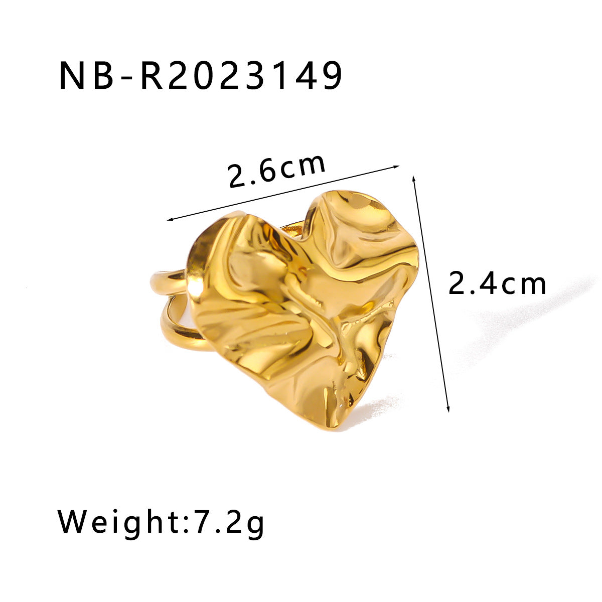 Vintage Stainless Steel Adjustable Heart-Shaped Hammered Texture Ring with 18K Vacuum Plated Gold Finish