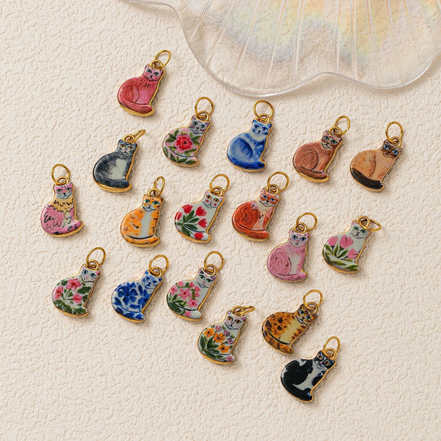 Cute Cat Ceramic Drip Oil Plated Stainless Steel Charm Bar Pendant