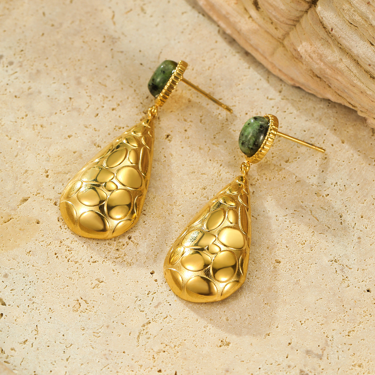 Fashionable Water-Drop-Shaped Stainless Steel Stud Earrings with Natural Stone Inlay and Plated Finish for Women