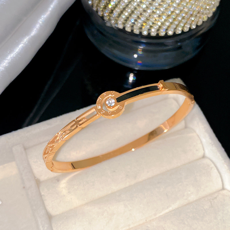 Four-Leaf Clover Hollow Roman Numeral Open Cuff Titanium Steel Bracelet