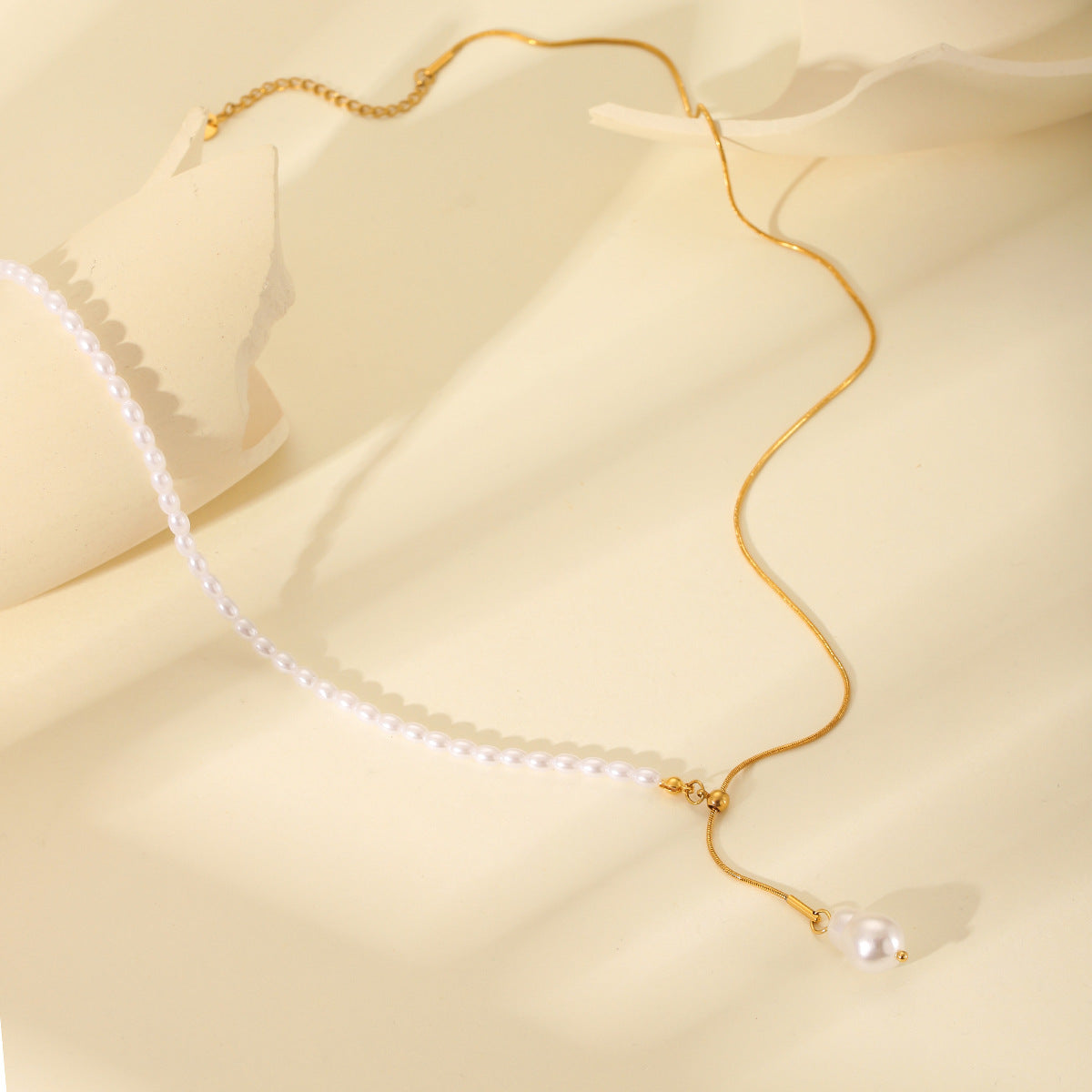 Minimalist Geometric Pearl Pendant Necklace for Women with Stainless Steel Snake Chain and Electroplated Finish