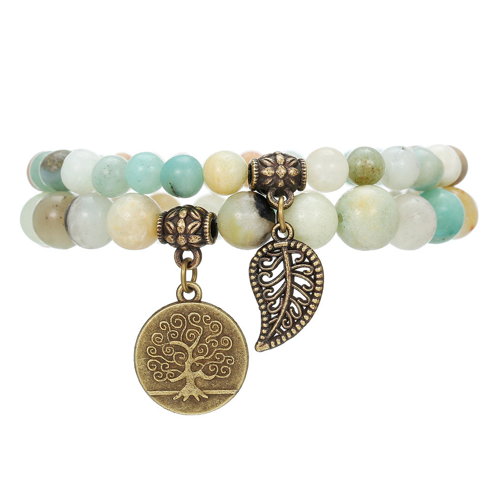 Minimalist Men's 6mm 8mm Round Stone Beaded Bracelet with Alloy Tree of Life Pendant
