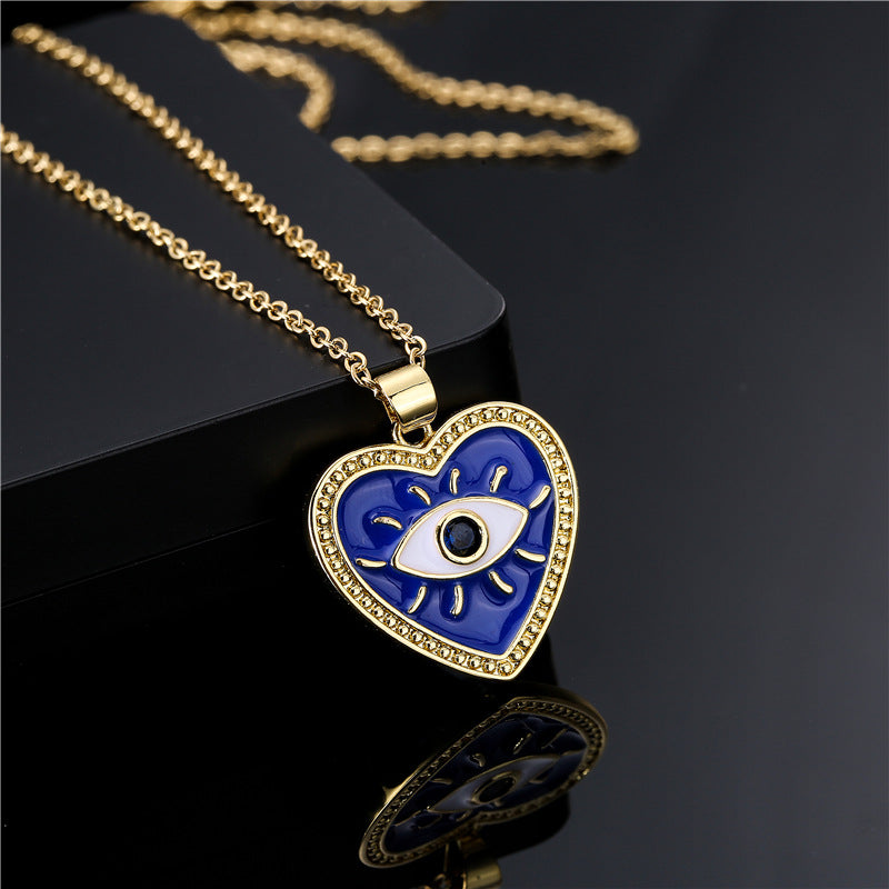 Fashion Heart Eye Geometric Drip Oil Gold Plated Brass Pendant Necklace for Women with Cable Chain