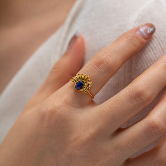 INS-Inspired Geometric Open-End Ring for Women in Stainless Steel with 18K Gold Plating and Lapis Lazuli Inlay