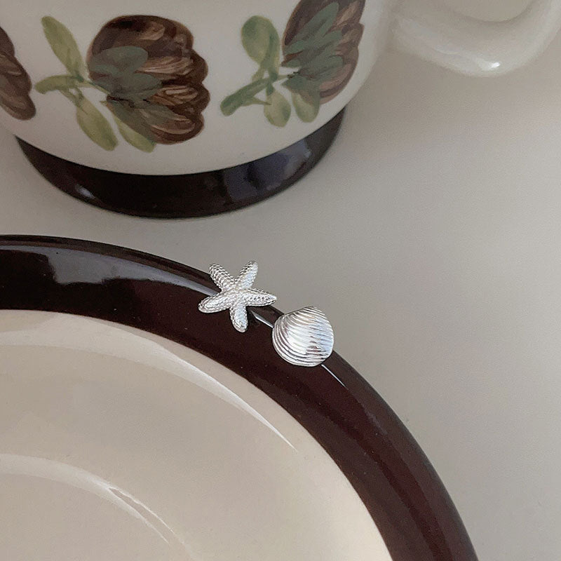 Minimalist Starfish and Seashell Stud Earrings for Women in 925 Sterling Silver with Plated Finish