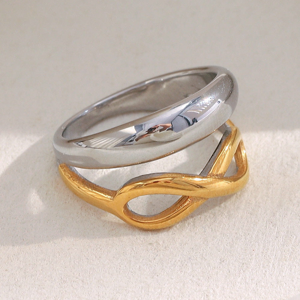Minimalist Geometric Stainless Steel Ring with 18K Gold Plating for Women, Double-Layer Figure-Eight Design, Lightweight Luxury Hand Jewelry