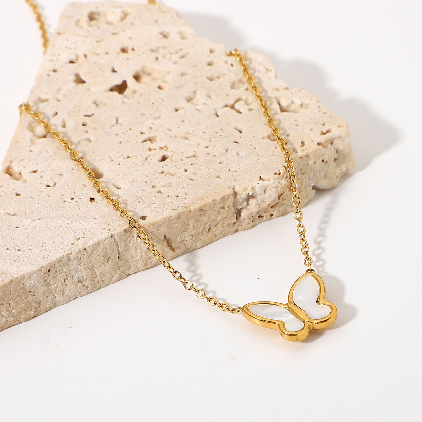 Butterfly Pendant Necklace in Stainless Steel with 14K Gold Plating for Women, Round Bead Chain, Animal-Inspired Minimalist Design