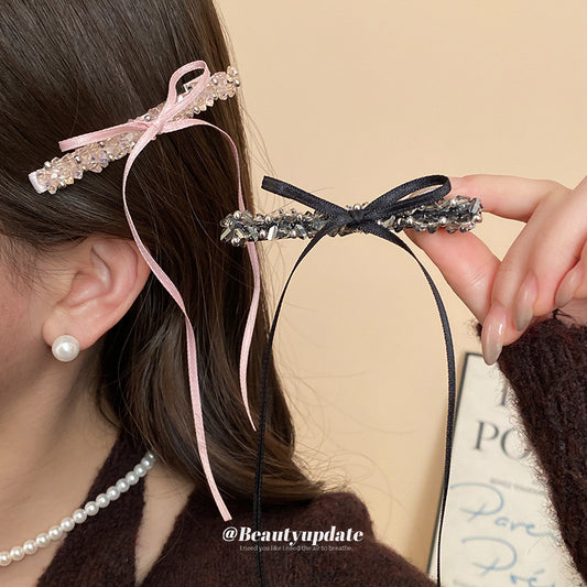Luxury Style Bow-Shaped Rhinestone-Embellished Alloy Hair Clip for Women with Pearl Accent and Minimalist Chic Design