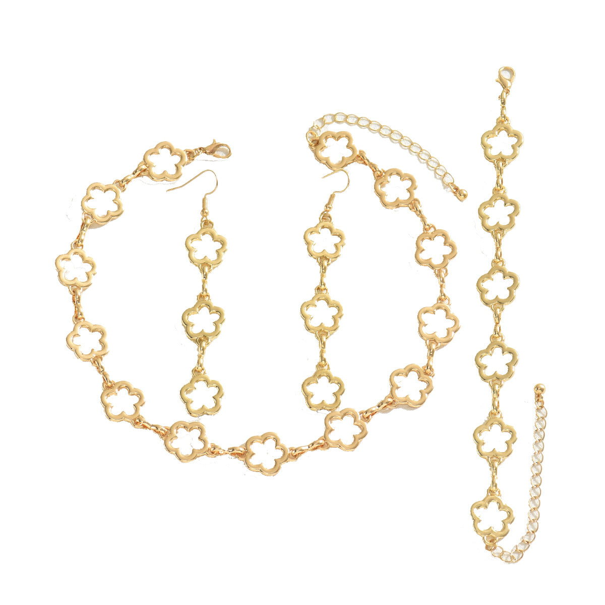 Minimalist Floral Cherry Blossom Necklace Set for Women with Copper Plated Chain Tassel Earrings and Bracelet