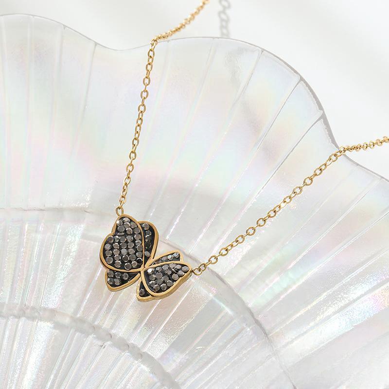 Elegant Black Butterfly Pendant Necklace for Women in Titanium Steel with Plated Finish, O-Chain Style, Minimalist and Timeless Locket Design
