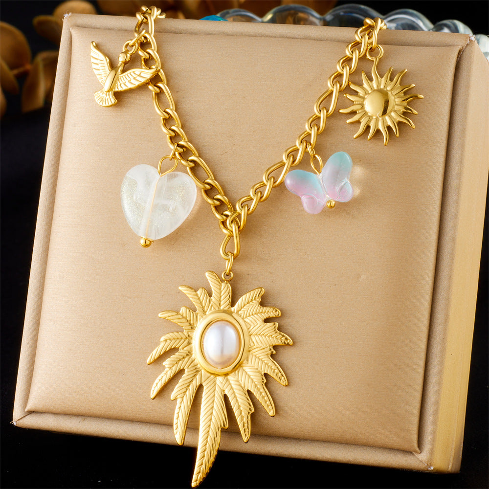 French Vintage Heart Floral Pearl Gemstone Plated Stainless Steel Curb Chain Necklace for Women
