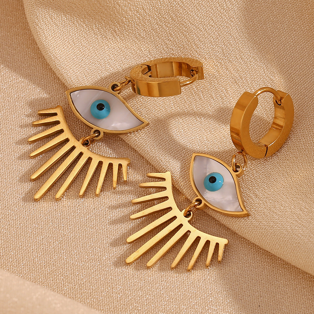 Fashionable Geometric Stainless Steel Ear Cuffs with 18K Gold Plating and White Abalone Inlay Shaped Like Eyes for Women