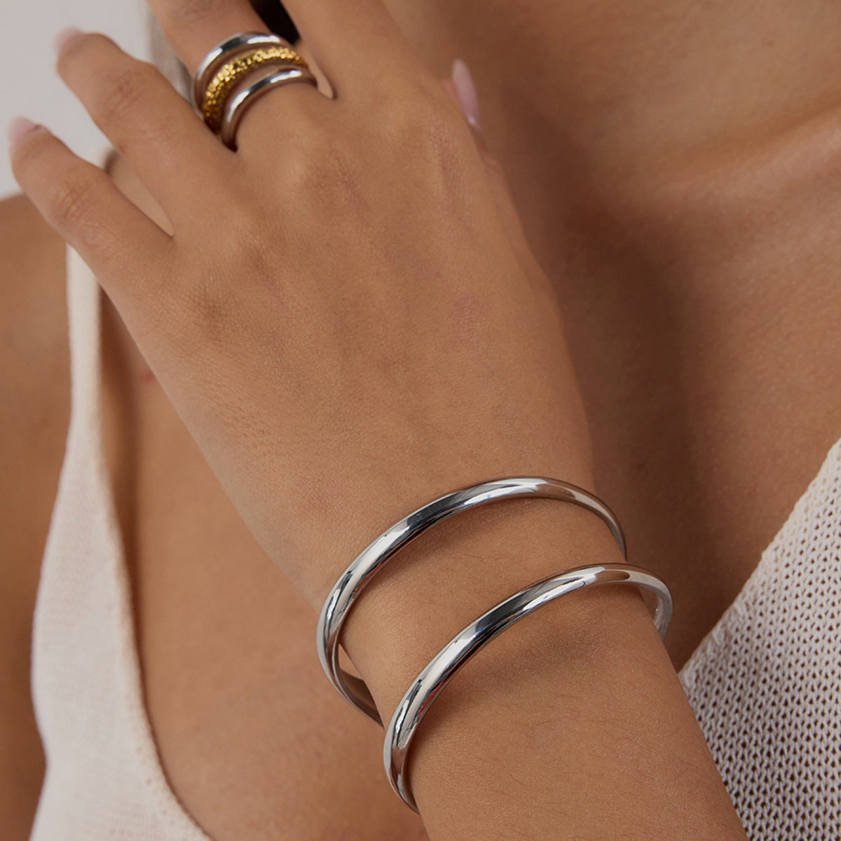 Minimalist Geometric Hollow Open Bangle Bracelet for Women in Stainless Steel with Plating Finish