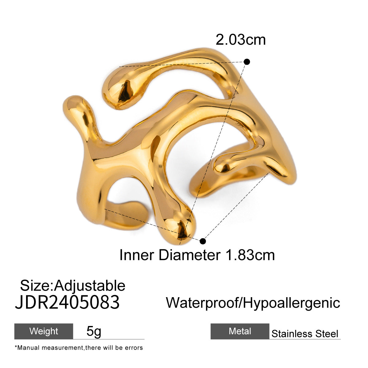 Gold Plated Stainless Steel Geometric Open Ring for Women
