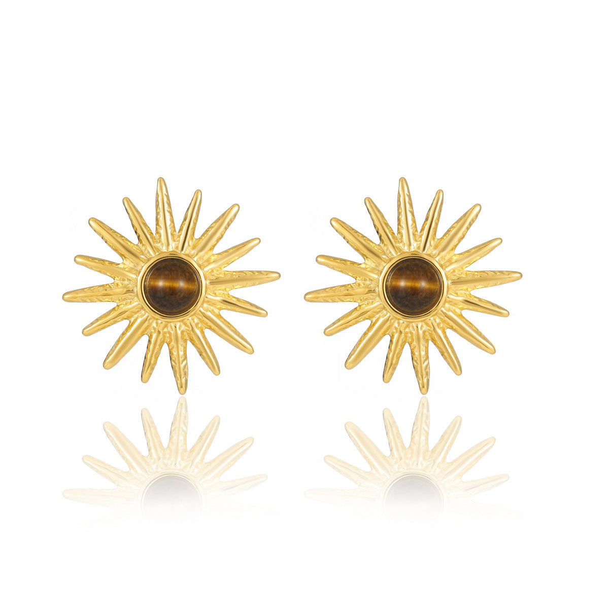 Pendientes de acero inoxidable en forma de girasol, estilo francés vintage, con piedra natural de ojo de tigre, diseño minimalista