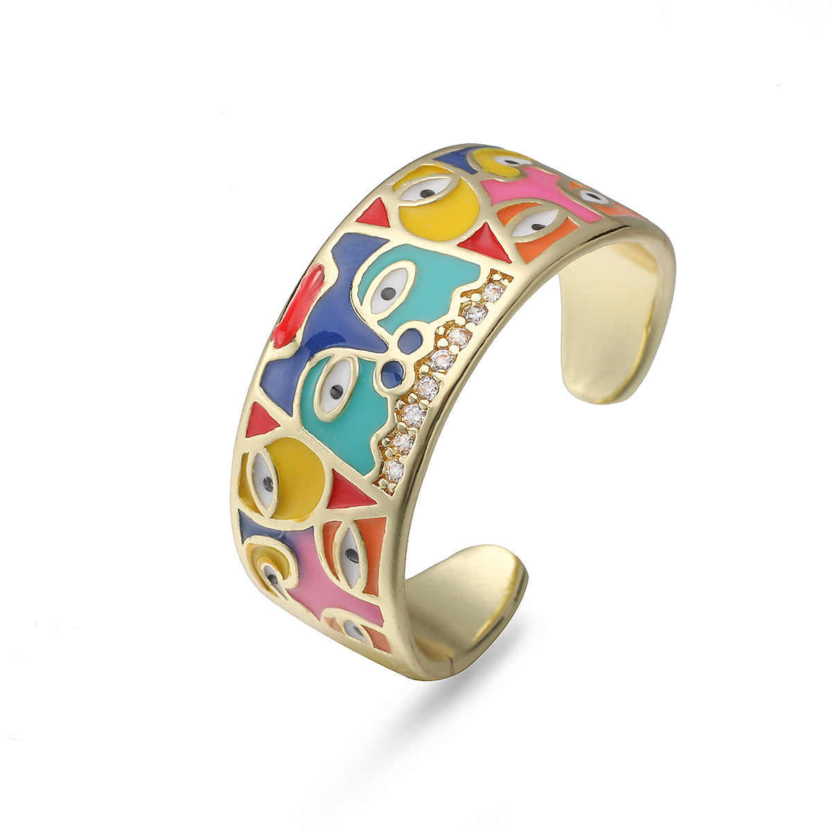 Minimalist 18K Gold Plated Brass Geometric Abstract Drip Oil Cubic Zirconia Inlay Open Ring for Women