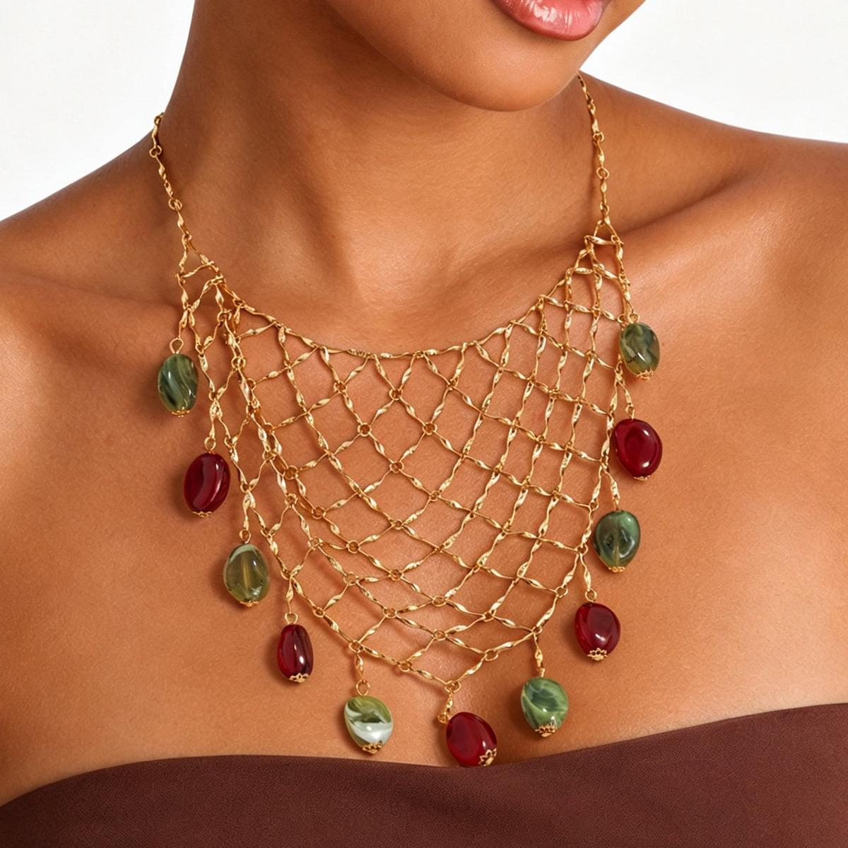 Vintage Geometric Oval Resin Pendant Plated Brass Necklace for Women