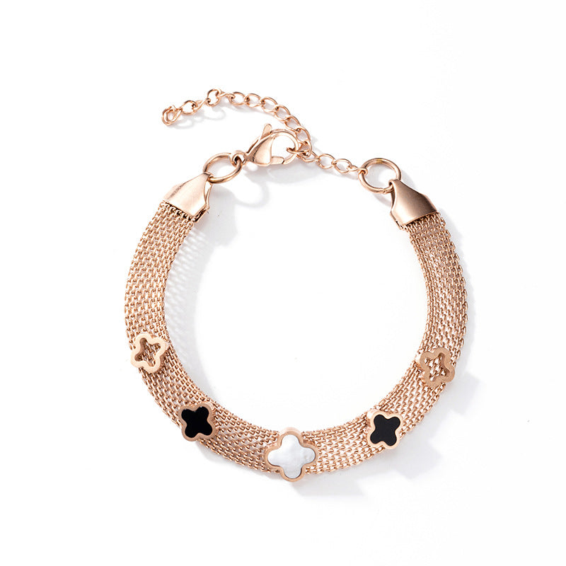 Minimalist Four-Leaf Clover Bracelet for Women in Titanium Steel with Plated Finish Geometric Design Letter Accent
