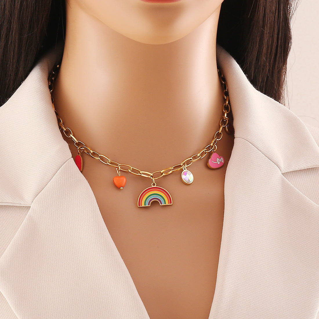 Collana Pendente a Cuore Arcobaleno alla Moda in Acciaio Inossidabile con Finitura Smaltata da Donna