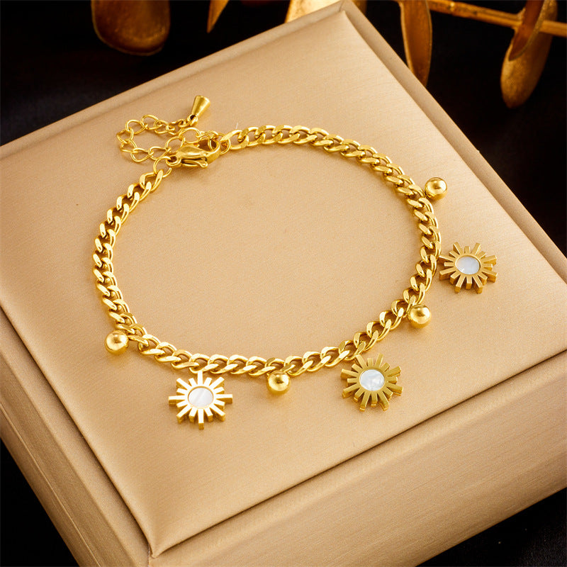 Bracciale Minimalista con Ciondolo a Girasole a Guscio in Acciaio al Titanio Placcato per Donna
